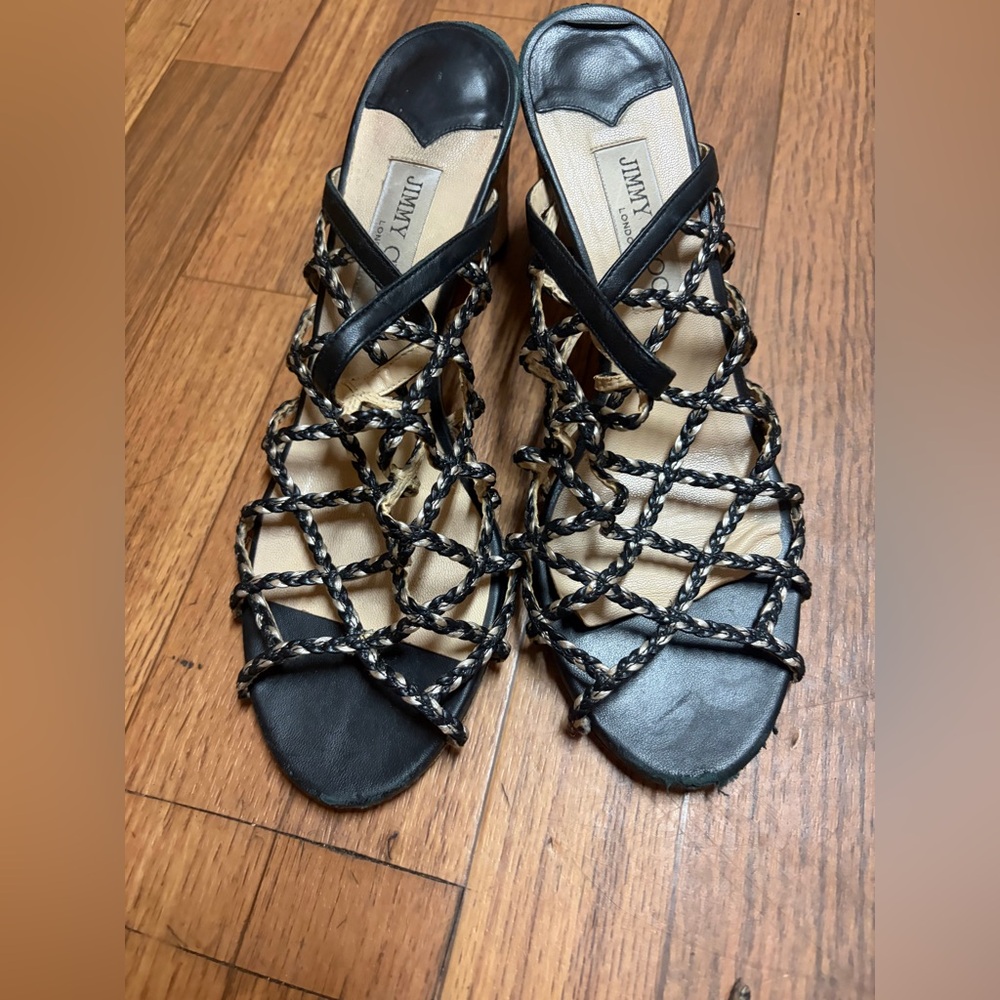 Jimmy Choo Black and Tan Woven Sandals